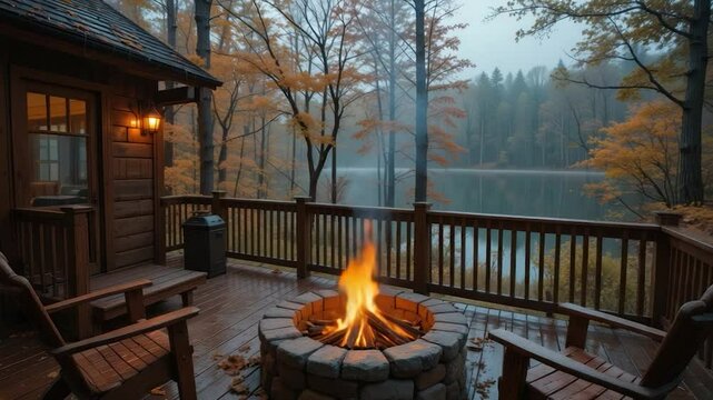 Cozy cabin porch scene with fire pit and rainy day view
