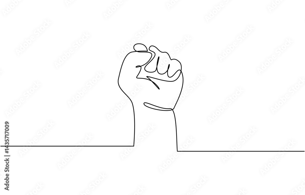 Poster a continuous line drawing of a strong fist being raised to the sky, continuous line hand clenched fi