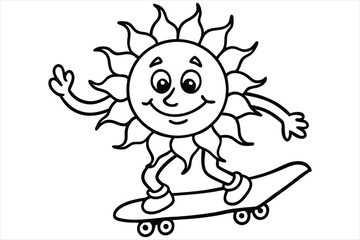 Funny sun riding a skateboard with wavy lines and flower trails