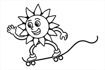 Funny sun riding a skateboard with wavy lines and flower trails
