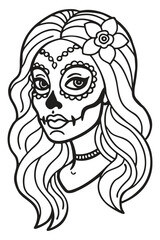 Stunning Line Art Illustration of a Calavera Catrina Woman with Long Flowing Hair and Floral Adornment Perfect for Dia de Muertos, Mexican Culture, Tattoo Designs, Coloring Pages, and More