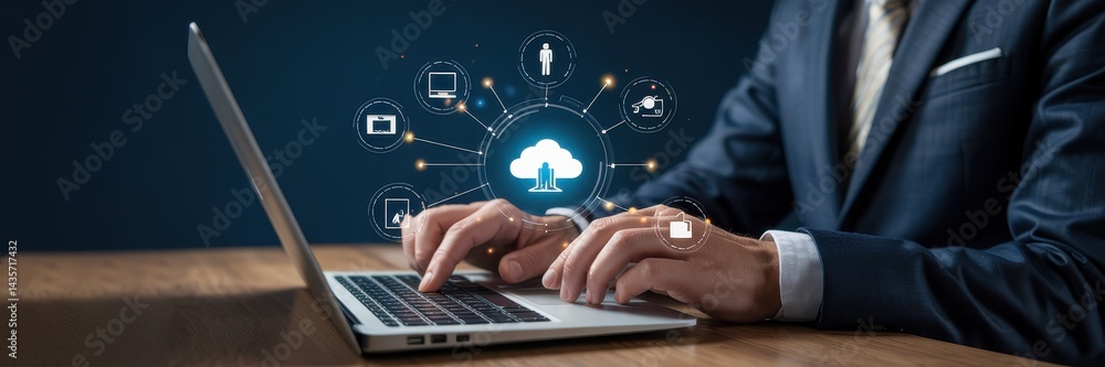 Aufkleber person working on a laptop with cloud computing interface.