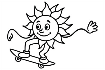 Funny sun riding a skateboard with wavy lines and flower trails
