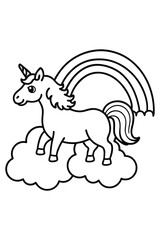 Adorable Cartoon Unicorn on Clouds with Rainbow Black and White Line Art Illustration for Children's Books, Coloring Pages, Stickers, and Cute Designs
