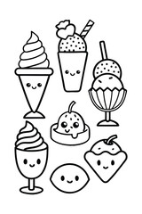 Adorable Kawaii Ice Cream Collection Line Art Illustrations of Cute Desserts for Kids, Coloring Pages, and Sweet Treats Designs