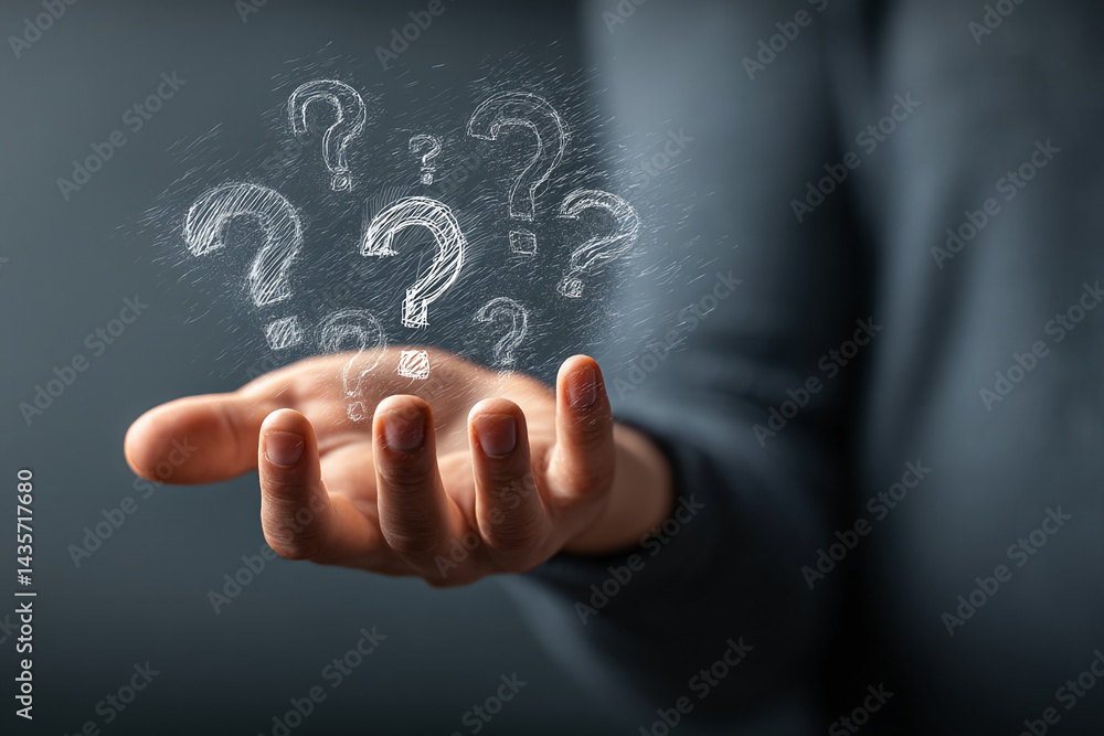 Poster hand holding numerous question marks, symbolizing uncertainty, inquiry, or problem-solving. concept 