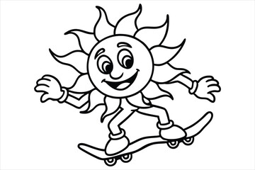 Funny sun riding a skateboard with wavy lines and flower trails