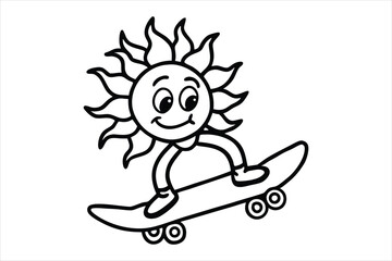 Funny sun riding a skateboard with wavy lines and flower trails