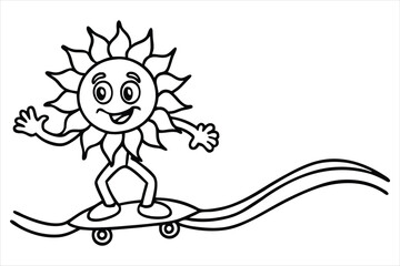 Funny sun riding a skateboard with wavy lines and flower trails