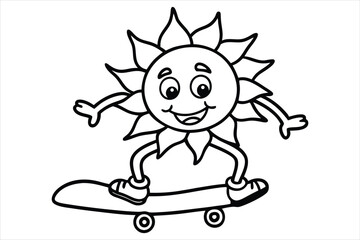 Funny sun riding a skateboard with wavy lines and flower trails