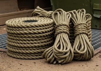 Coiled ropes of natural fiber placed neatly outdoors in a construction site setting