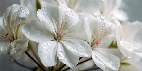 Close-up of white flower petals with water droplets, showcasing delicate texture and purity, symbolizing freshness, serenity, and natural beauty