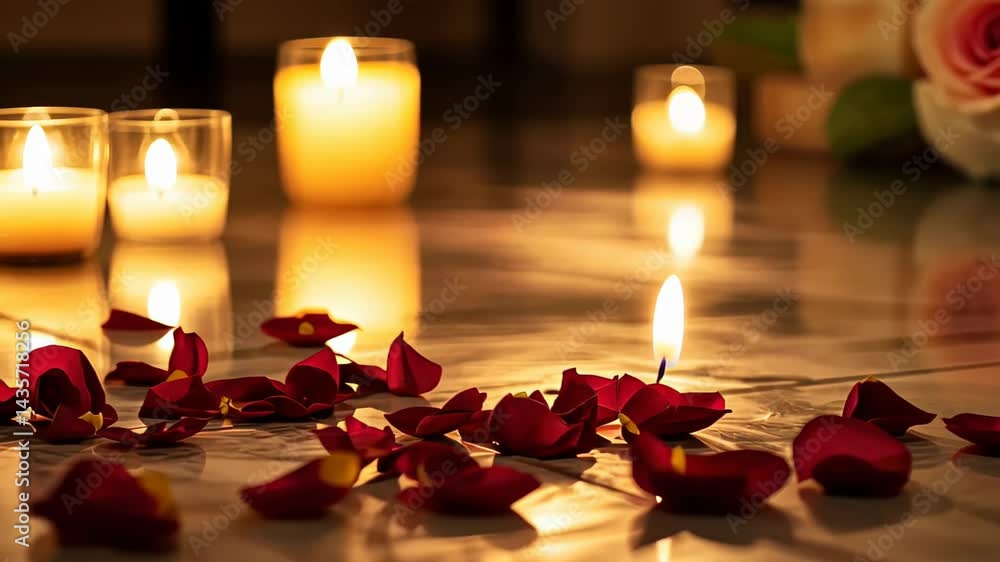 Poster candlelight ambiance with delicate rose petals creating a serene and romantic atmosphere in a cozy s