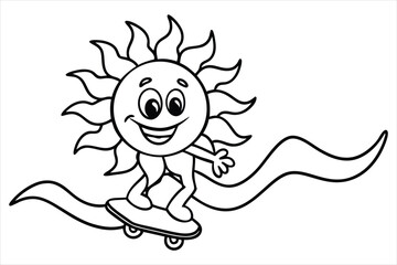 Funny sun riding a skateboard with wavy lines and flower trails