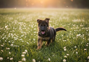 Playful Puppy in Flower Field