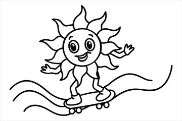 Funny sun riding a skateboard with wavy lines and flower trails