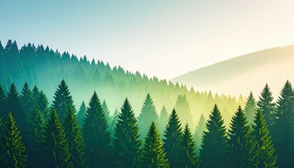 Fototapeta premium Morning mist over evergreen forest nature landscape photography serene environment aerial view tranquility and beauty