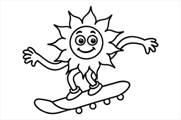 Funny sun riding a skateboard with wavy lines and flower trails