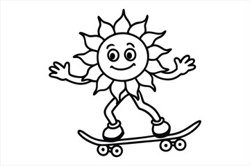 Funny sun riding a skateboard with wavy lines and flower trails