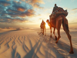 Camel caravan across desert at sunset.  Possible stock photo use