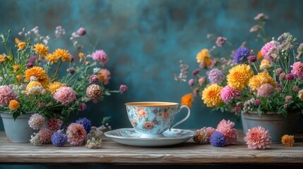 A table set for tea with floral-patterned porcelain, surrounded by fresh vintage flowers and a weathered wooden backdrop