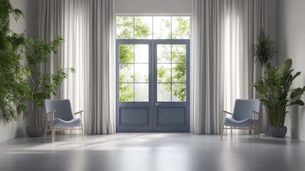Fototapeta premium Minimalist modern office with ergonomic chairs, large windows with curtains, gray flooring, and plants throughout, featuring blue doors and neutral hues