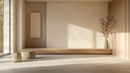 Minimalist room with a sleek bamboo podium, flat top and clean lines, surrounded by neutral walls and soft natural light