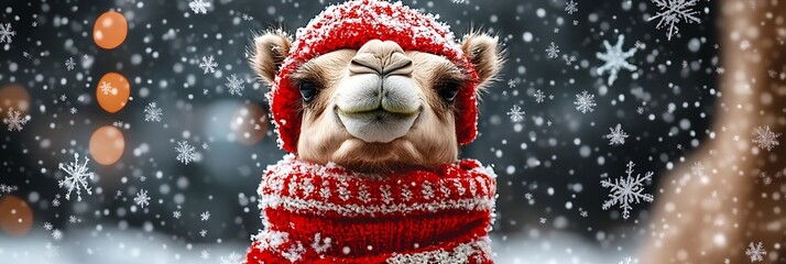 Camel in winter hat and scarf, snowing background, holiday cheer, stock photo