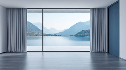 Modern minimalist office with blue sliding doors, lake-facing windows, curtain details, neutral color palette, and gray wood flooring