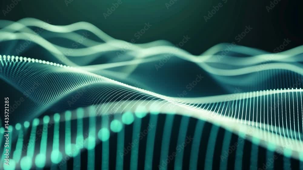 Poster mesmerizing abstract sound waves with flowing lines and curves in gradient of teal and white, evokin