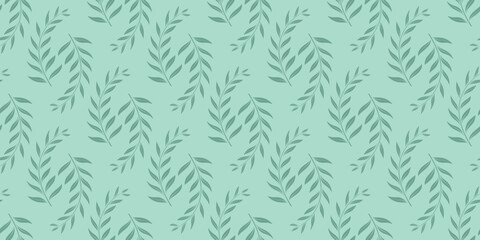 Obraz premium Elegant branches with leaves on soft green background. Seamless foliage pattern. Nature motif print. Vector graphics