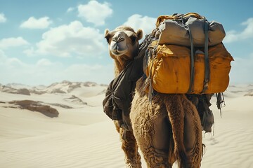 Naklejka premium Camel carrying pack in desert landscape. Possible travel image