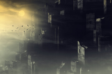 ancient ruins at night, halloween 3d illustration