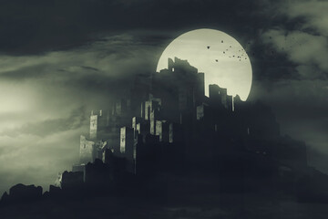 ancient castle ruins on full moon night, fantasy halloween 3d illustration © andreiuc88