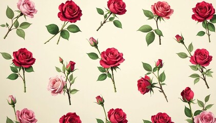 Small scale, repeating rosebud print on cream, background, soft