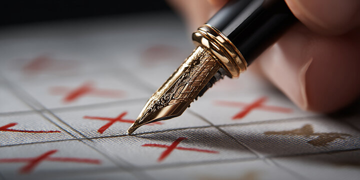 Close-up of gold fountain pen nib writing red X marks on textured paper, showcasing precision and detail, symbolizing planning, decision-making, or meticulous work