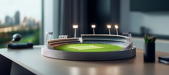 Innovative Cricket Stadium Model with Dressing Room Section on a Modern Office Desk with Available Branding Space Background