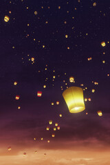 sky lantern at sunset, fantasy 3d illustration