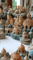 Fototapeta premium Miniature clay town nestled on rocky terrain Detailed buildings and structures showcase diverse architectural styles