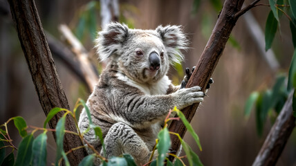 A close-up photograph of a koala sitting in a eucalyptus tree branch