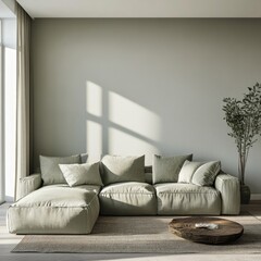 Modern minimalist living room with light beige sectional sofa Sunlight streams through windows
