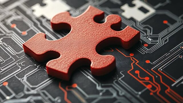 Red puzzle piece on circuit board