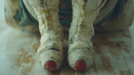 Worn white boots with red bottoms rest on a wood floor  The boots show significant wear and tear