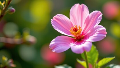 Fototapeta premium Bright pink flower blossom opening wide against soft green blur, symbolizing love and renewal in focused floral portrait, photo.
