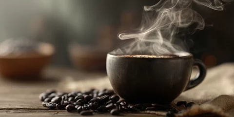 Fototapete Rund Dark cup of steaming coffee on rustic wood, coffee beans scattered nearby, suggesting warmth and comfort © Mirivox