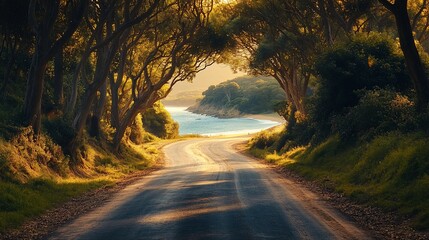 Obraz premium Road to tranquil beach framed by trees