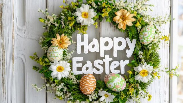 Charming easter wreath with colorful eggs and flowers on rustic wooden background.