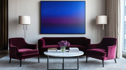 Purple sofa and chairs in a modern living room. Interior design advertisement