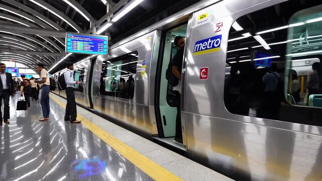 Passengers boarding and exiting a modern metro train in india