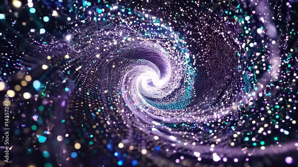 Poster mesmerizing swirl of colorful particles forms cosmic vortex, evoking sense of wonder.